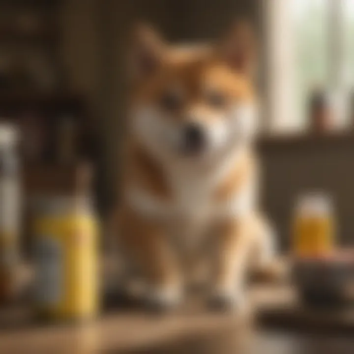 A Shiba Inu puppy with various essential supplies