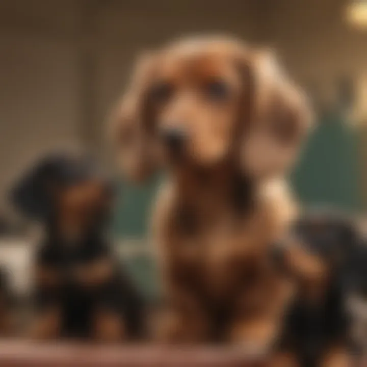 A reputable breeder interacting with Dachshund puppies, reflecting the importance of breeder reputation