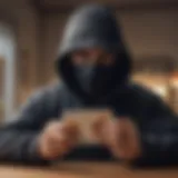 Illustration depicting a shadowy figure manipulating gift cards