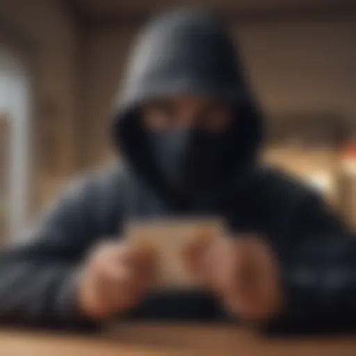 Illustration depicting a shadowy figure manipulating gift cards