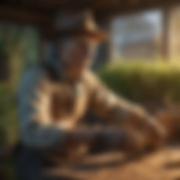 An artisan crafting a scarecrow using sustainable materials