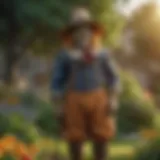 A charming traditional scarecrow standing in a vibrant garden