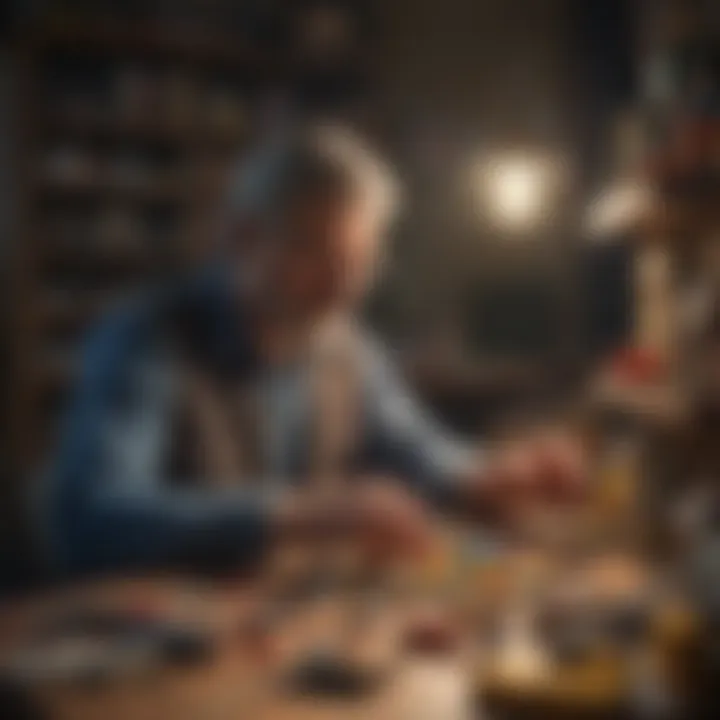 A collector examining vintage Lego sets with a focus on rare pieces and packaging.